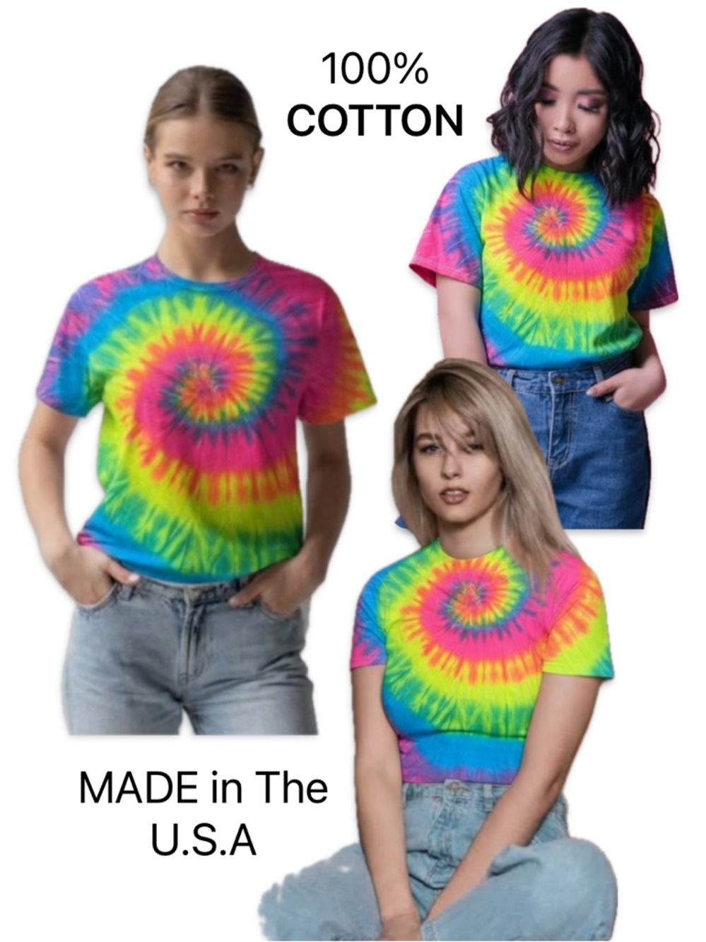 Rainbow Tie Dye Spiral T-Shirt Cotton Made in USA Short Sleeve Small NWOT
